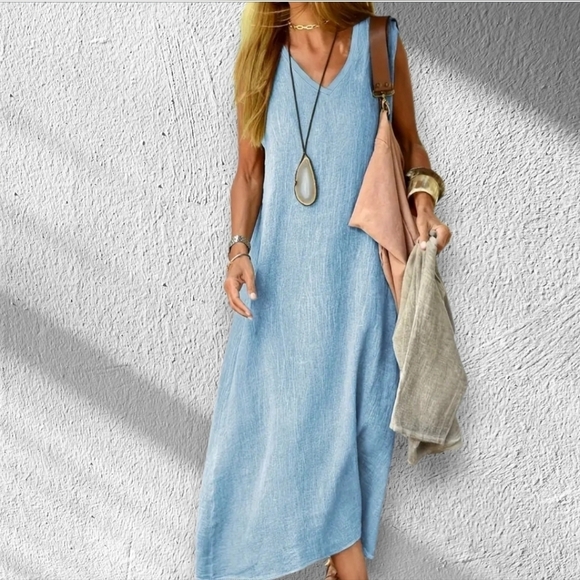 Dresses & Skirts - NWT Soft Blue Sleeveless V Neck A Line Dress ~sz M